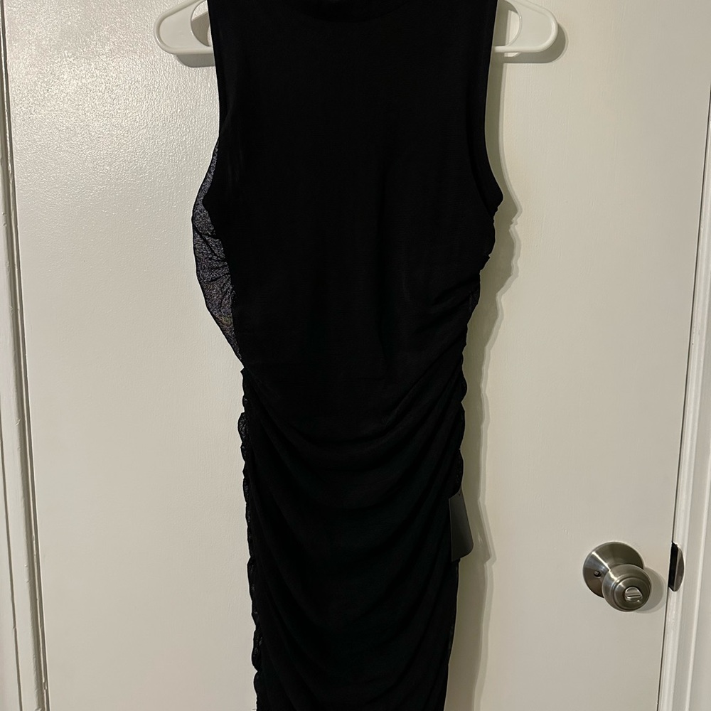 Ruched Black Mesh Sleeveless Dress